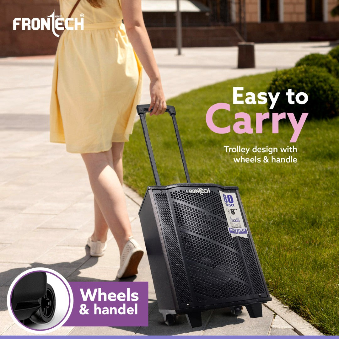 Frontech Nocturn Lite 80W Trolley Speaker | Wireless Mics, USB/BT/FM, Guitar & MIC Input, Rechargeable (SW-0221) Frontech Nocturn Lite 80W Trolley Speaker | Wireless Mics, USB/BT/FM, Guitar & MIC Input, Rechargeable (SW-0221)